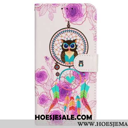 Leren Hoesje Voor iPhone 16 Pro Uil Dromenvanger Met Riem