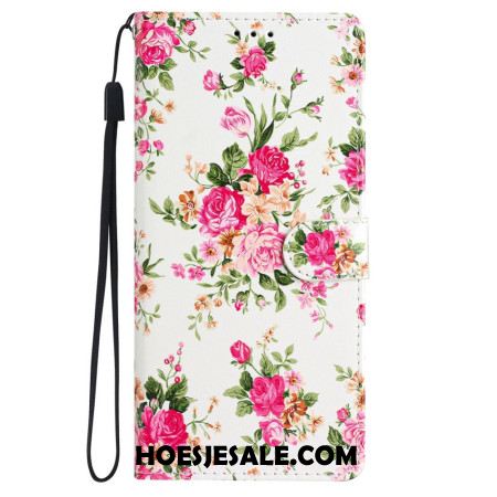 Leren Hoesje Voor iPhone 16 Rode Bloemen Met Riem