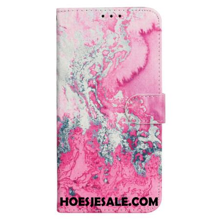 Leren Hoesje iPhone 16 Plus Marineroze Marmer Bescherming Hoesje