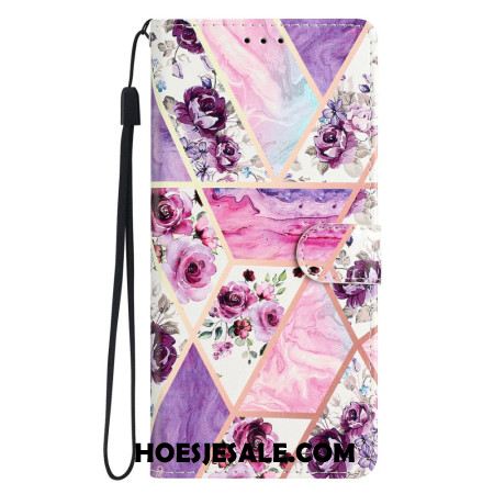 Leren Hoesje iPhone 16 Pro Max Paarse Bloemen Met Riempje Bescherming Hoesje