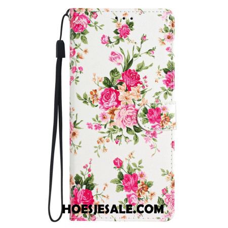 Leren Hoesje iPhone 16 Pro Max Rode Bloemen Met Riem Bescherming Hoesje