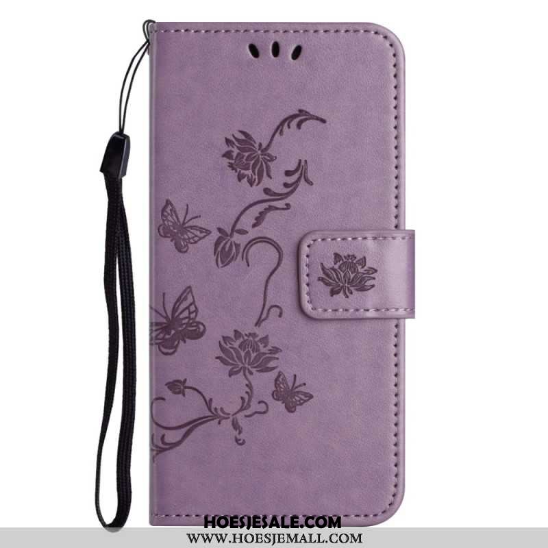 Leren Hoesje iPhone 16 Pro Max Vlinders En Bloemen Bescherming Hoesje