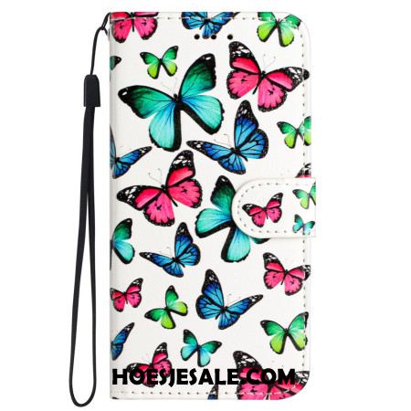 Leren Hoesje iPhone 16 Vlinderpatroon Met Riempje Bescherming Hoesje